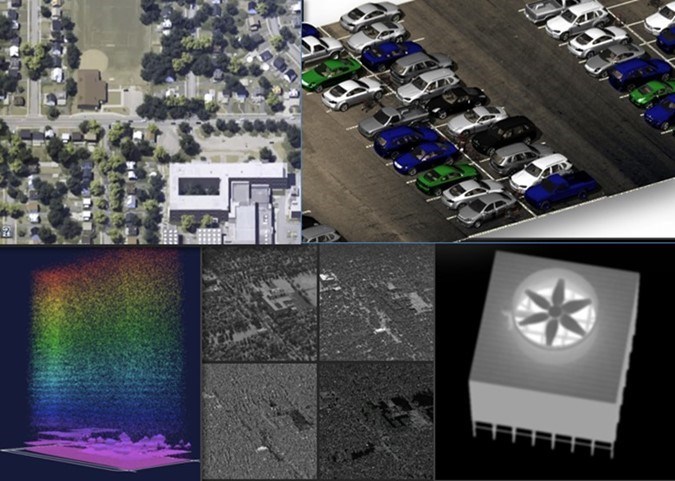 Multimodal Images Generated by the DIRSIG Model: Top Row – (Left) Nadir Hyperspectral and (Right) Oblique RGB; Bottom Row – (Left) LIDAR, (Middle) Polarization, and (Right) Thermal Imagery