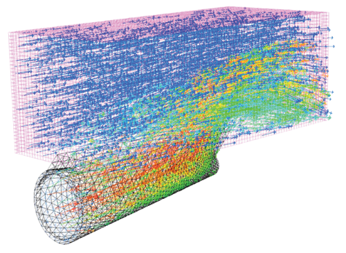 Figure 7: Flow Velocity Vectors and Temperature Visualized on Top of a Predominately Auto-Generated Mesh.