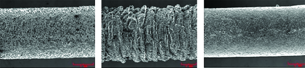 Figure 10. Surface Roughness Comparison Between SLM (left), EBM (middle), and Cast Ti-6AL-4V ELI (right). Higher Levels of Surface Roughness Can Produce Stress Concentrations, Resulting in Crack Formation [12].