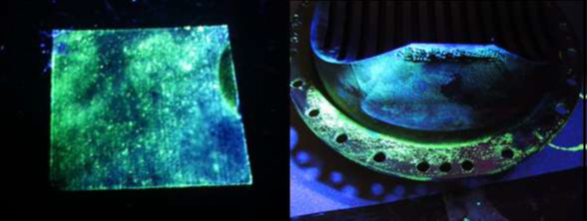 Figure 16. Penetrant Testing of Ti-6Al-4V for a Liquid Rocket Gaseous Hydrogen/Liquid Oxygen Injector (left) and a POGO-Z Baffle (right) Showing High Levels of Noise Due to the Surface Roughness of the Parts [3].