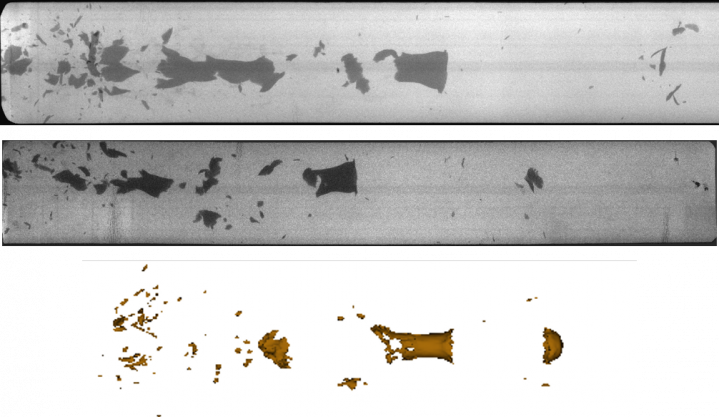 Figure 8: Late Time X-rays Taken at 190 and 350 μs (Top and Middle) Compared to the Model at 350 μs (Bottom) (Source: CCDC AC).Figure 8: Late Time X-rays Taken at 190 and 350 μs (Top and Middle) Compared to the Model at 350 μs (Bottom) (Source: CCDC AC).