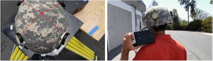 Figure 3: Body-Worn System Concept Testing: (Left) Sensors Mounted on a Helmet and (Right) Noise Measurement Setup (Source: QFS).