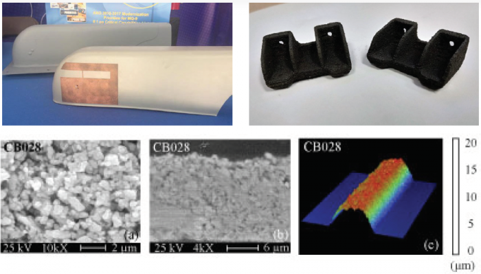 Figure 9: Examples of USAF AM Technologies for Functional and Extreme Environments: Direct-Write Plasma Technology to “Print” a Cu Antenna on an MQ-9 Reaper (Top Left), Printed High-Temperature Carbon Fiber Composite (Top Right), and Images of Silver Ink Used to Print Resilient Hybrid Electronics Onto PEEK (Bottom) (Sources: Pawlyk, Neff et al., and AFRL [18-20]).