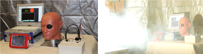 Figure 12: Surrogate Head Evaluation With Sound, Pressure, and Ocular Sensors Using Concurrent Data Collection (Source: CFDRC).