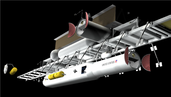 Figure 6: LEO Space Base With a Docked Spaceship (Sources: J.M. Snead, U.S. Air Force; Isiah Davenport and Dennis Stewart, Veridian).