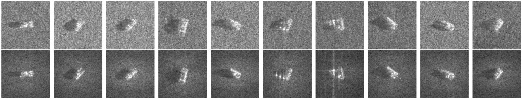 Randomly-Chosen Images of Each Vehicle in the SAMPLE Dataset, With Measured (MSTAR) Images (Top Row) and Corresponding Synthetic Images (Bottom Row). The Order of the Vehicles From Left to Right Matches Table 1