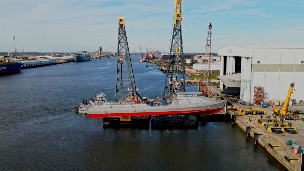 The U.S. Navy’s newest Overlord Unmanned Surface Vessel Vanguard (OUSV3), launched from Austal USA’s shipyard in Mobile, Ala,