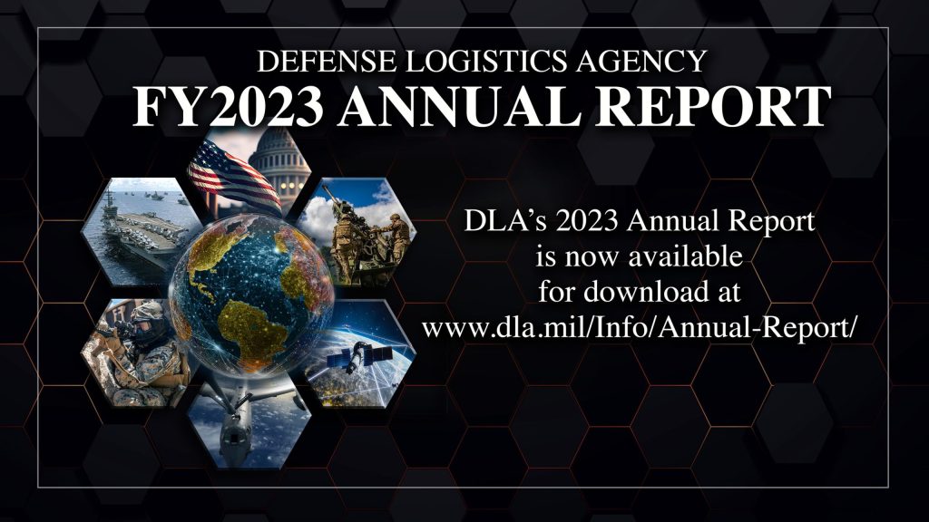 DLA's FY2023 Annual Report cover with images of the world, the U.S. flag, an aircraft carrier, a fighter jet, and soldiers