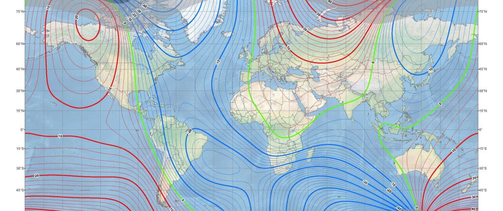 Miller Projection Main Field Declination (D) map from the US/UK World Magnetic Model 2020. (Map developed by NOAA/NCEI and CIRES)