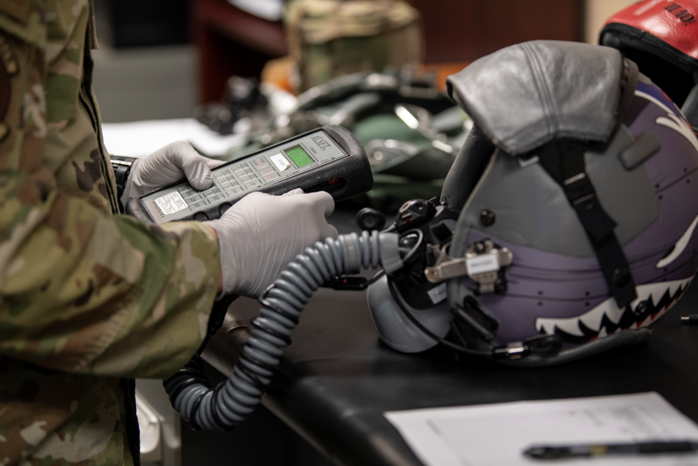 Air Force Flight helmet on a table.