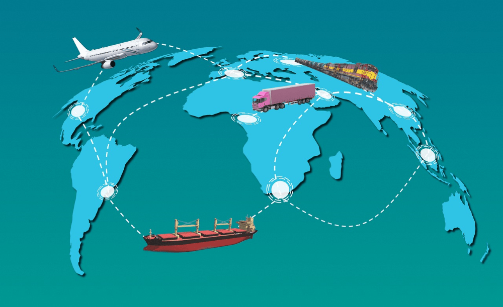 World Map with highlighted locations and transportation vehicles traveling between highlighted cities.