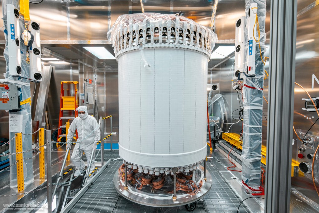 LZ’s central detector, the time projection chamber, in a surface lab clean room before delivery underground