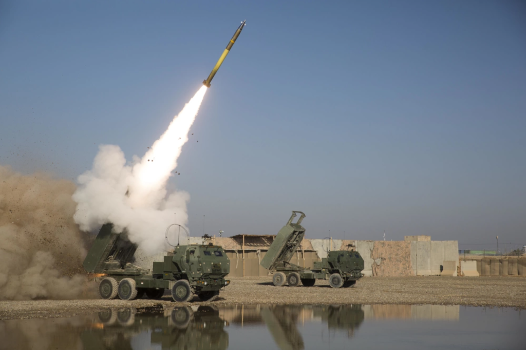 U.S. Marines fire a High Mobility Artillery Rocket System at Camp Shorab in Helmand Province Afghanistan, Feb. 22, 2019. Marines conducted strikes in support of Operation Inherent Resolve. (U.S. Marine Corps photo by Sgt. Victoria Ross)