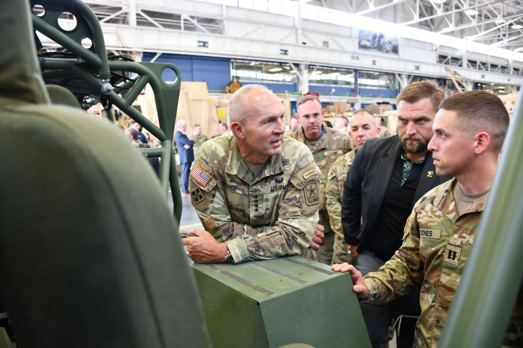 Gen. George talks with key leaders, and civilian and military personnel during an Aug. 24, 2024 visit to the Detroit Arsenal that centered around advancements in ground vehicle systems, advanced manufacturing integration, and the future of manufacturing. (Photo Credit: Jerome Aliotta)