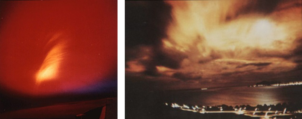 Figure 5. Starfish Prime Nuclear Test (Source: [Top] U.S. Air Force 1352nd Photographic Group, Lookout Mountain Station and [Bottom] https://nuclearweaponarchive.org/Usa/Tests/Dominic.html).