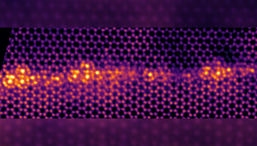 Using atomic-resolution scanning transmission electron microscopy, researchers found that in the presence of iron, the grain boundary of titanium undergoes a phase transition, forming “cages” or “clusters” at the grain boundary (the gold region at the center of the image). (Image courtesy of Tim Frolov/LLNL)