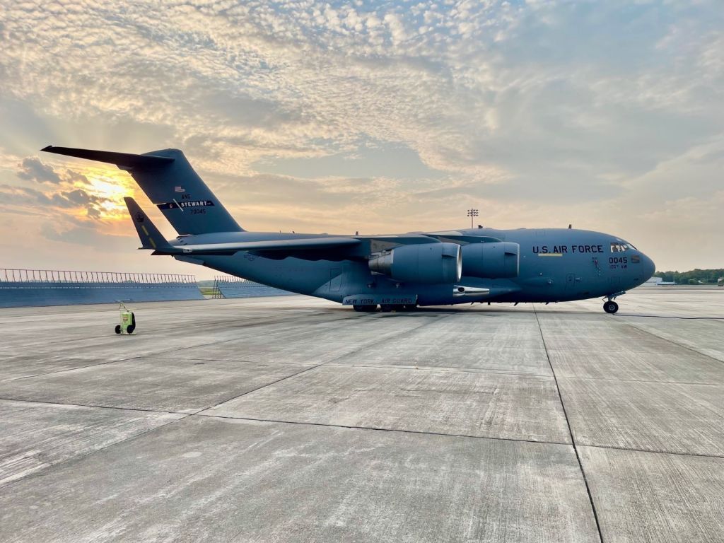 A C-17 Globemaster III with microvanes successfully installed waits on the flight line at Stewart Air National Guard Base. PHOTO BY: SSgt Thaxton