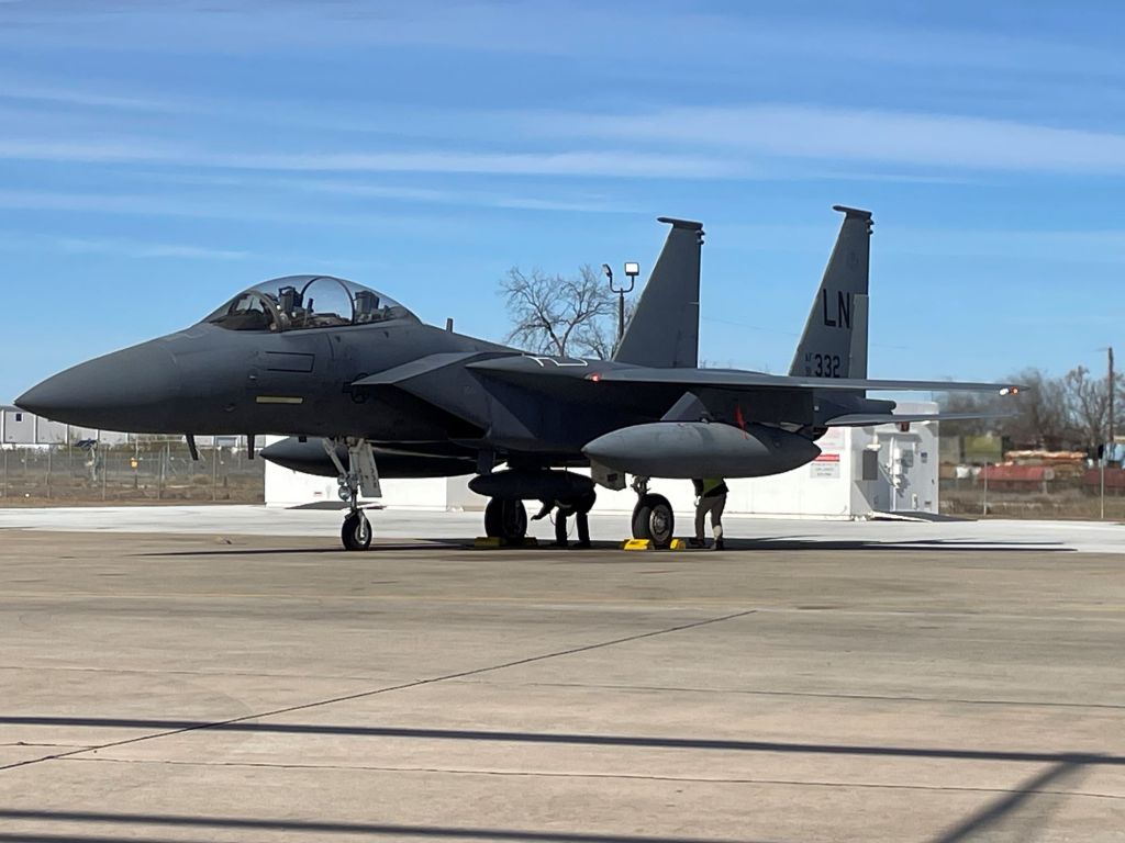 An F-15E Strike Eagle sits on a flightline in San Antonio, Texas, Jan. 15, 2025. The aircraft was recently upgraded with Eagle Passive/Active Warning and Survivability System, advanced electronic warfare system. (Boeing courtesy photo)