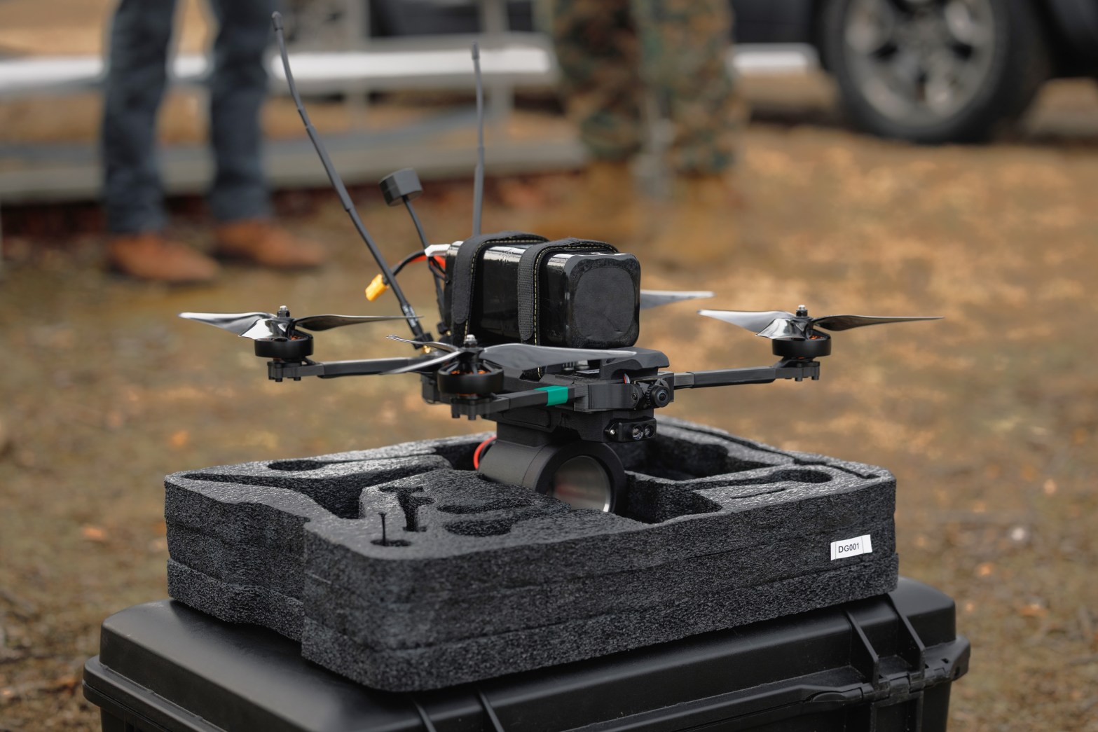 A Neros Archer first-person view drone sits on a case during a demonstration range at Weapons Training Battalion on Marine Corps Base Quantico, Virginia, March 7, 2025. The Marine Corps Attack Drone Team used the Neros Archer FPV drone to engage targets on the range to showcase the drone’s capabilities on the battlefield. (U.S. Marine Corps photo by Cpl. Joshua Barker)