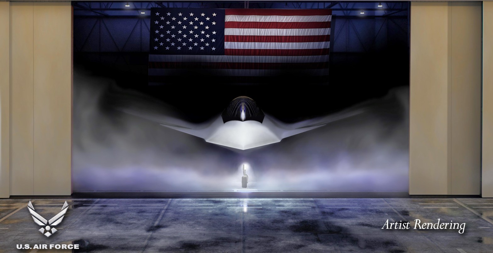 Shown is a graphical artist rendering of the Next Generation Air Dominance (NGAD) Platform. The rendering highlights the Air Force’s sixth generation fighter, the F-47. The NGAD Platform will bring lethal, next-generation technologies to ensure air superiority for the Joint Force in any conflict. (U.S. Air Force graphic)