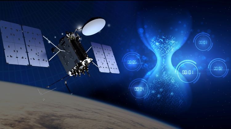 a GPS satellite orbiting earth with superimposed image of a sand dial and digital clock