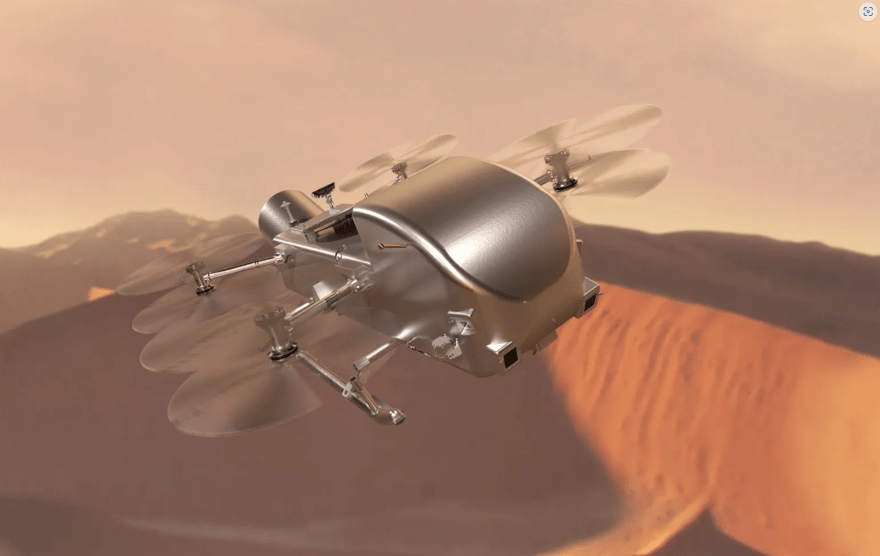 Caption: Artist’s concept of Dragonfly soaring over the dunes of Saturn’s moon Titan. NASA/Johns Hopkins APL/Steve Gribben