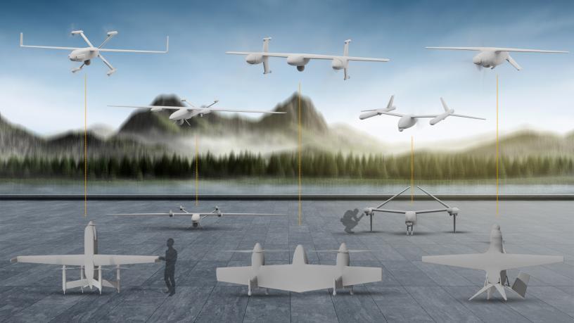 Artist’s concept of five performer designs for the DARPA ANCILLARY program’s EVADE demonstration. Image shows vertical takeoff-and-landing position and forward flight orientation, to scale, for each aircraft. Source: DARPA