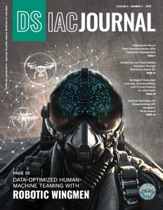 image of a military pilot in the cockpit with digital network lines reflected in his helmet face shield with text DSIAC Journal