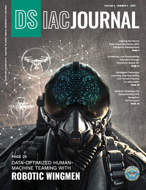 image of a military pilot in the cockpit with digital network lines reflected in his helmet face shield with text DSIAC Journal