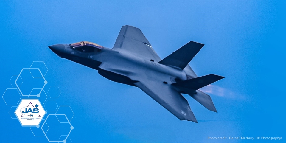 An F-35 flying against a bright blue sky