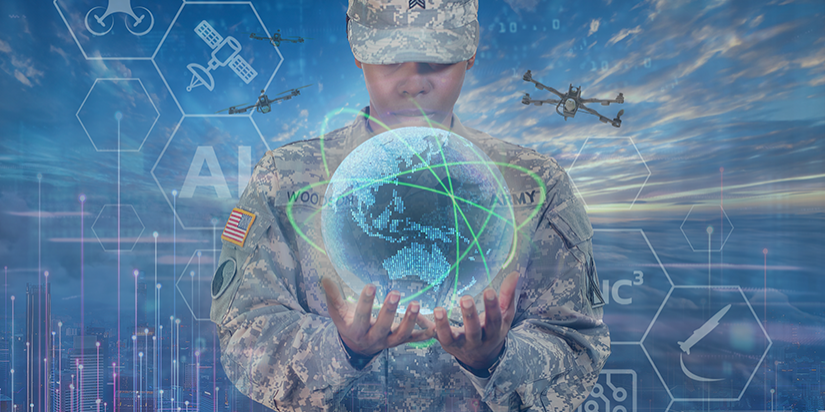 graphic of soldier holding digital world