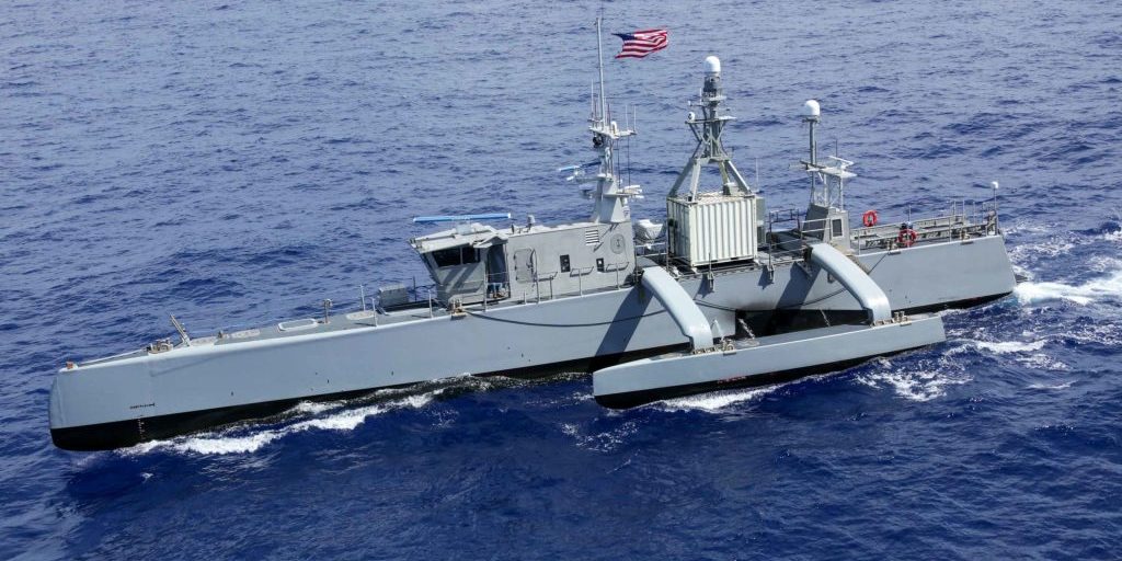 Medium displacement unmanned surface vessel Sea Hunter sails in formation during Rim of the Pacific (RIMPAC), July 28, 2022. Twenty-six nations, 38 ships, three submarines, more than 30 unmanned systems, approximately 170 aircraft, and 25,000 personnel participated in RIMPAC from June 29 to Aug. 4 in and around the Hawaiian Islands and Southern California. The world’s largest international maritime exercise, RIMPAC provides a unique training opportunity while fostering and sustaining cooperative relationships among participants critical to ensuring the safety of sea lanes and security on the world’s oceans. RIMPAC 2022 is the 28th exercise in the series that began in 1971 (U.S. Navy photo by Mass Communication Specialist 3rd Class Aleksandr Freutel).