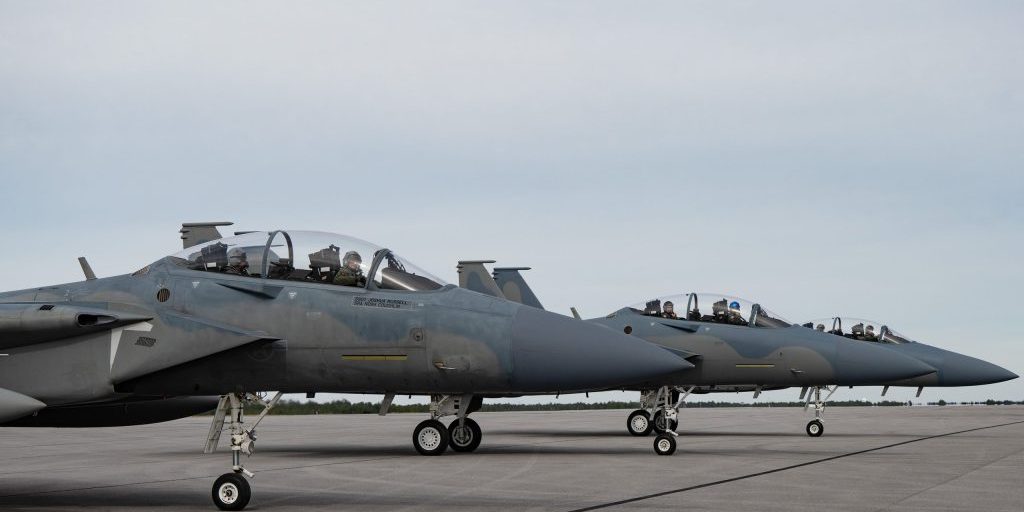 Three F-15EXs on the runway at Eglin AFB