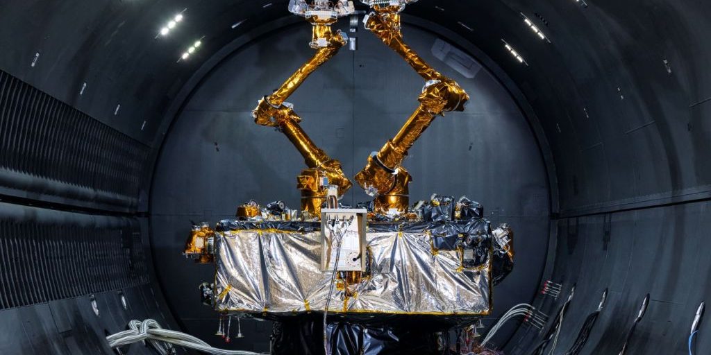 After completing testing, the Robotic Servicing of Geosynchronous Satellites (RSGS) payload resides in the cryogenic thermal vacuum chamber at the U.S. Naval Research Laboratory’s Naval Center for Space Technology in Washington, D.C. Oct. 8, 2024. Once on-orbit, the RSGS payload will inspect and service satellites in geosynchronous orbit. (U.S. Navy photo by Sarah Peterson)