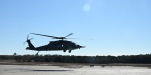 An HH-60W Jolly Green II search and rescue helicopter assigned to the 106th Rescue Wing conducts a flyover during an HH-60W conversion ceremony at the 106th Rescue Wing at Francis S. Gabreski Air National Guard Base, Westhampton Beach, N.Y., Oct. 25, 2024. The ceremony celebrated the official conversion of the 106th from the HH-60G Pave Hawk search and rescue helicopter to the HH-60W Jolly Green II. (U.S. Air Force photo)