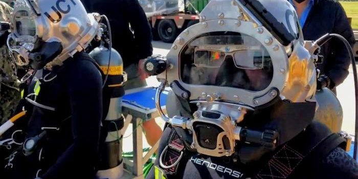 U.S. Navy divers test the Divers Augmented Vision Display (DAVD) during a training exercise in Little Creek, Virginia. Outfitted with components such as a heads-up display resembling virtual-reality glasses (which can be adapted to any Navy dive helmet), DAVD enables divers to better operate in inhospitable underwater environments. (Photo courtesy of Coda Octopus)