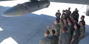 B-52 Stratofortress crews from the 23rd Expeditionary Bomb Squadron, Minot Air Force Base, North Dakota and the 49th Test and Evaluation Squadron, Barksdale Air Force Base, Louisiana, participated in hypersonic weapon familiarization training at Andersen Air Force Base, Guam, Feb. 27, 2024. The Department of Defense is developing hypersonic science and technology to ensure the U.S. can rapidly transition operational hypersonic systems. (U.S. Air Force photo by Staff Sgt. Pedro Tenorio)