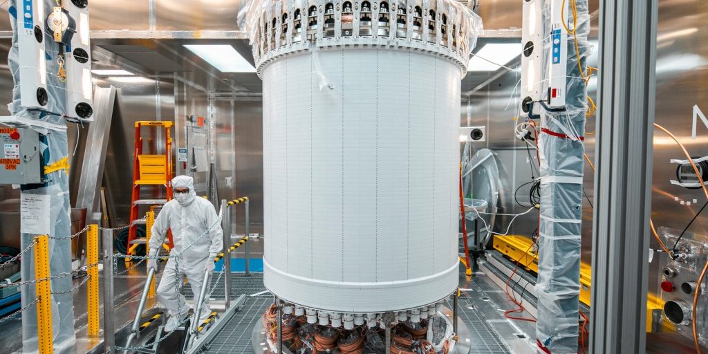 LZ’s central detector, the time projection chamber, in a surface lab clean room before delivery underground