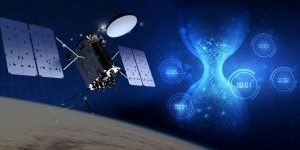 a GPS satellite orbiting earth with superimposed image of a sand dial and digital clock