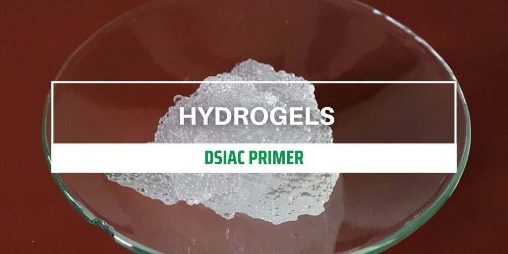 An image of hydrogels (translucent, lumpy substance) in a glass dish