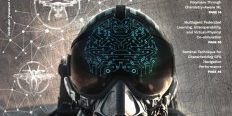image of a military pilot in the cockpit with digital network lines reflected in his helmet face shield with text DSIAC Journal