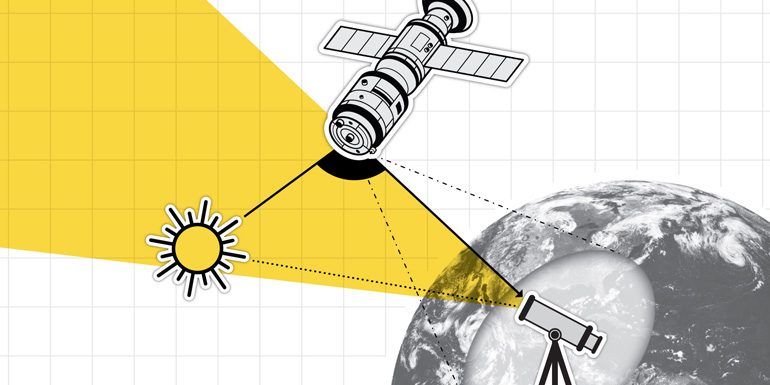 graphic of the Earth, and a telescope aimed at a satellite in space