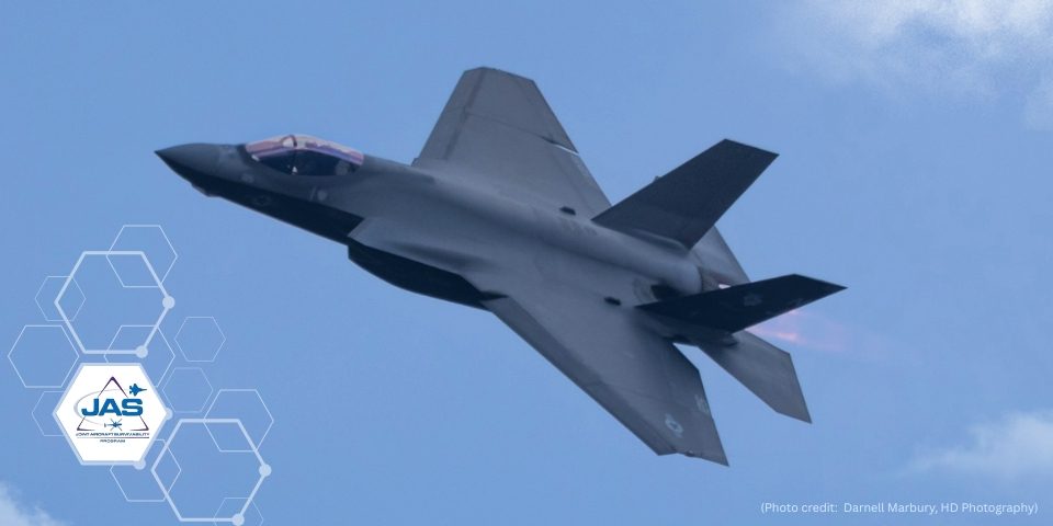 An F-35 flying against a bright blue sky