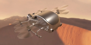 Caption: Artist’s concept of Dragonfly soaring over the dunes of Saturn’s moon Titan. NASA/Johns Hopkins APL/Steve Gribben