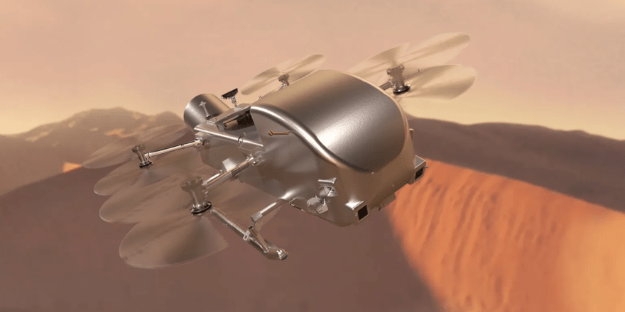 Caption: Artist’s concept of Dragonfly soaring over the dunes of Saturn’s moon Titan. NASA/Johns Hopkins APL/Steve Gribben