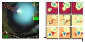 Pictured on the left, human vision of the pulsed laser deposition plasma plumes. On the right, images from movies of the interpretation of the plasma plumes by AI, which can predict film growth characteristics. Credit: Sumner Harris/ORNL, U.S. Dept. of Energy