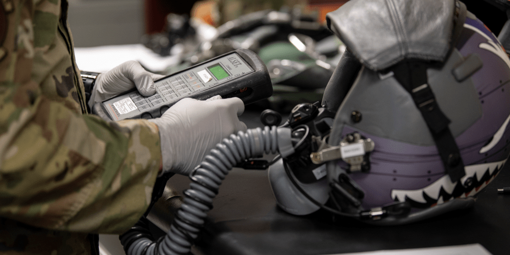 Air Force Flight helmet on a table.