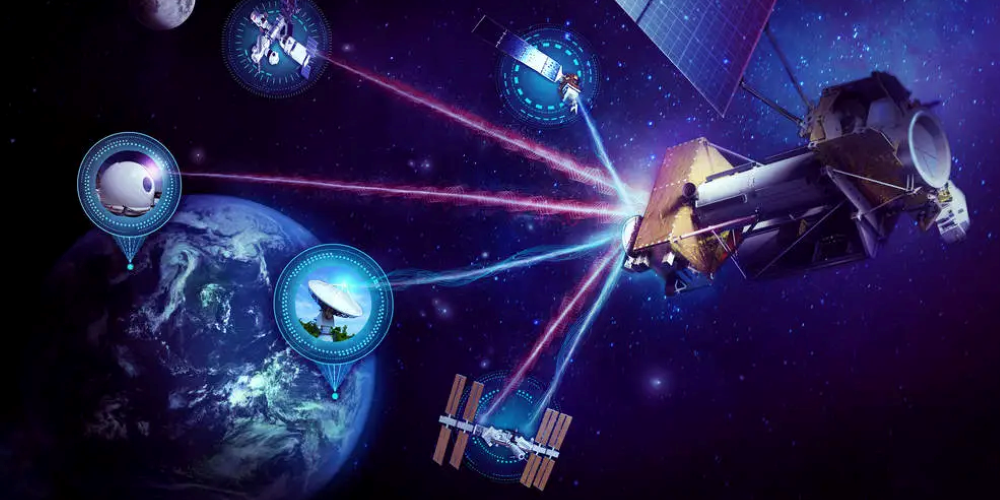 Illustration of a satellite connecting wirelessly from space to various military ground assets.