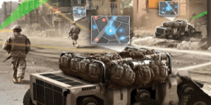 Image of warfighters traversing urban terrain with an unmanned vehicle.