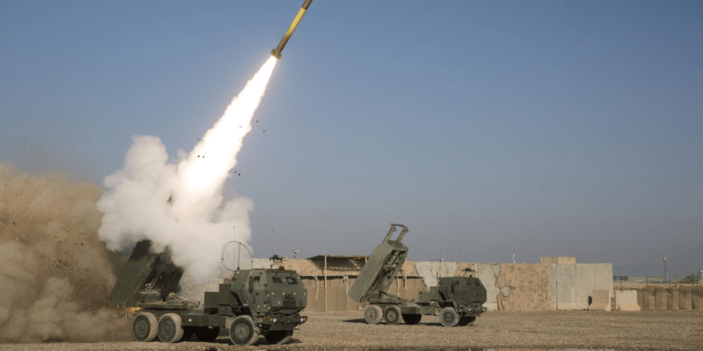 U.S. Marines fire a High Mobility Artillery Rocket System at Camp Shorab in Helmand Province Afghanistan, Feb. 22, 2019. Marines conducted strikes in support of Operation Inherent Resolve. (U.S. Marine Corps photo by Sgt. Victoria Ross)